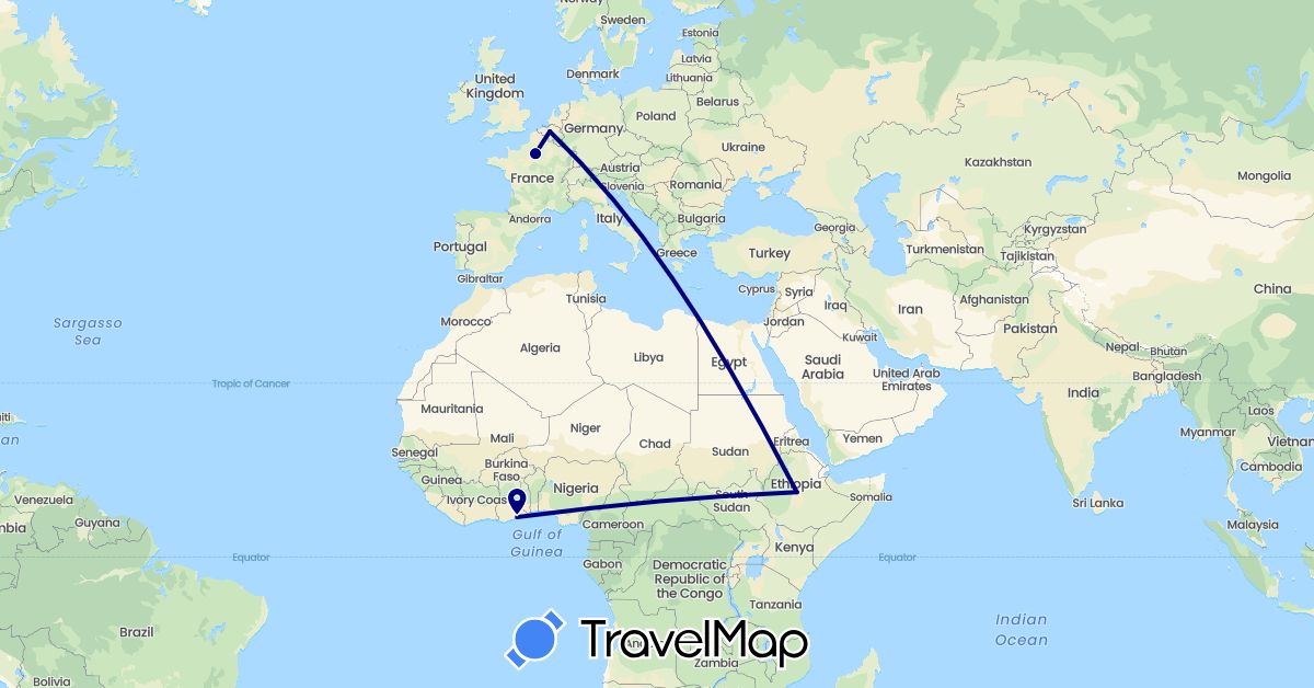 TravelMap itinerary: driving in Belgium, Ethiopia, France, Ghana (Africa, Europe)